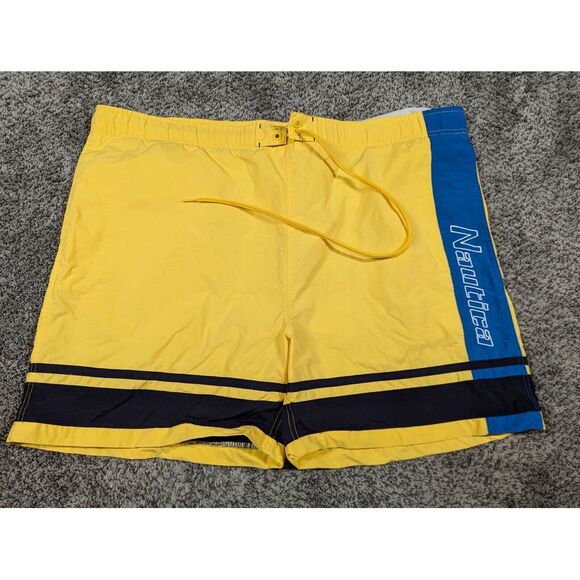 Vintage Nautica Swim Trunks Mens XL Yellow Blue Spellout Nylon Board Shorts 40x7 - Picture 1 of 12